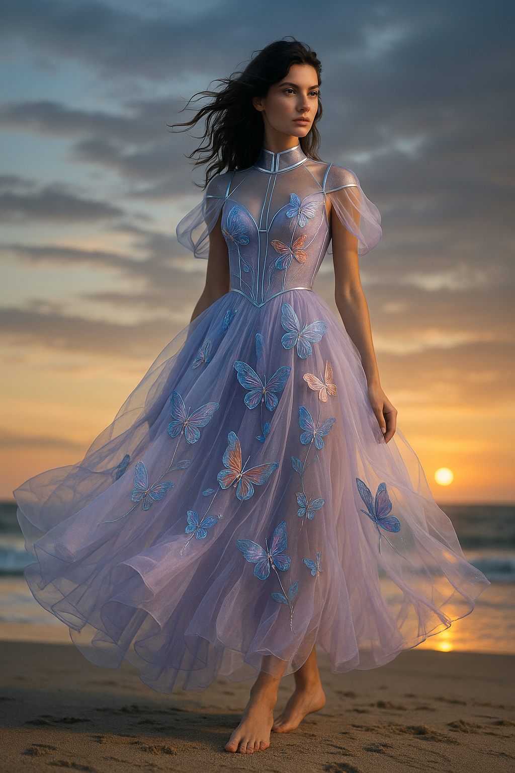 Woman in butterfly embroidered maxi dress - alternate view